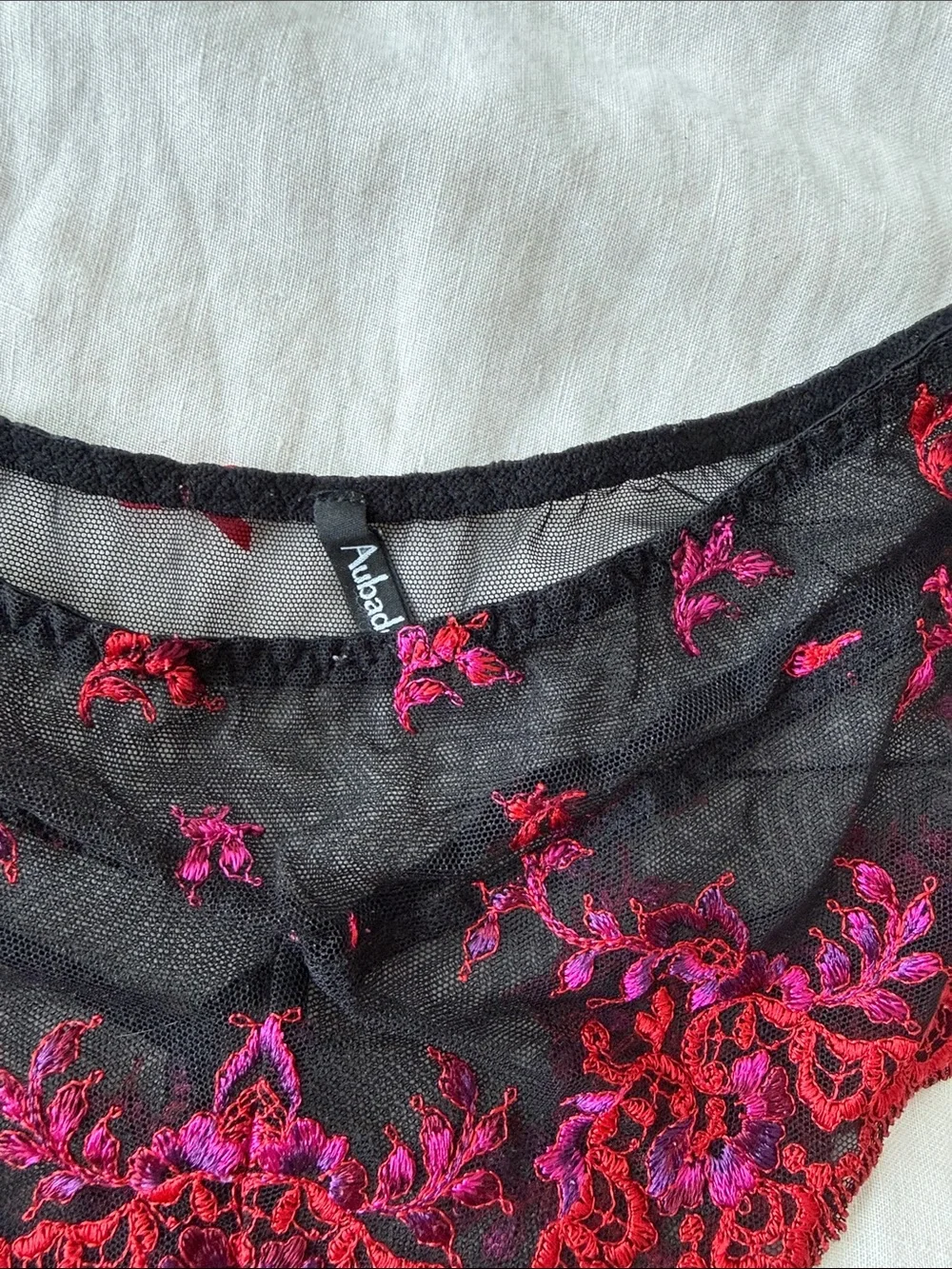 Aubade Black Bra & Sheer Briefs Set with Red and Pink Embroidery
